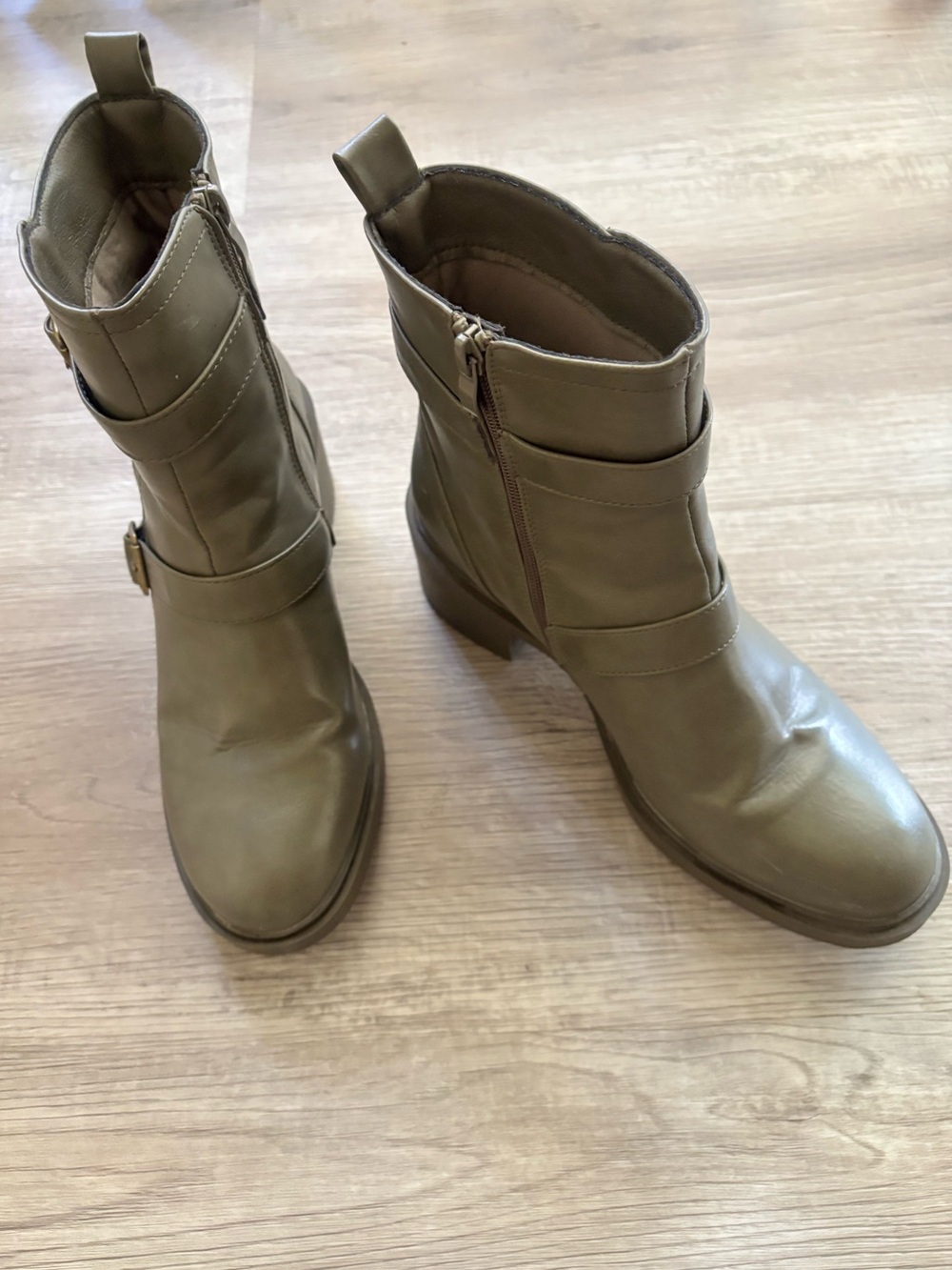 Y2K Grunge ELDITAS Army Green Ankle Booties Buckle Zip Chunky Heel Size 7.5